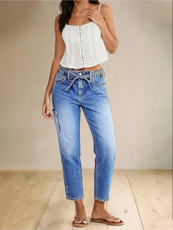 Flamingals Denim - Flamingals Straight Leg Cropped Jeans Mid Rise Button Hem Belted Stretchy Baggy